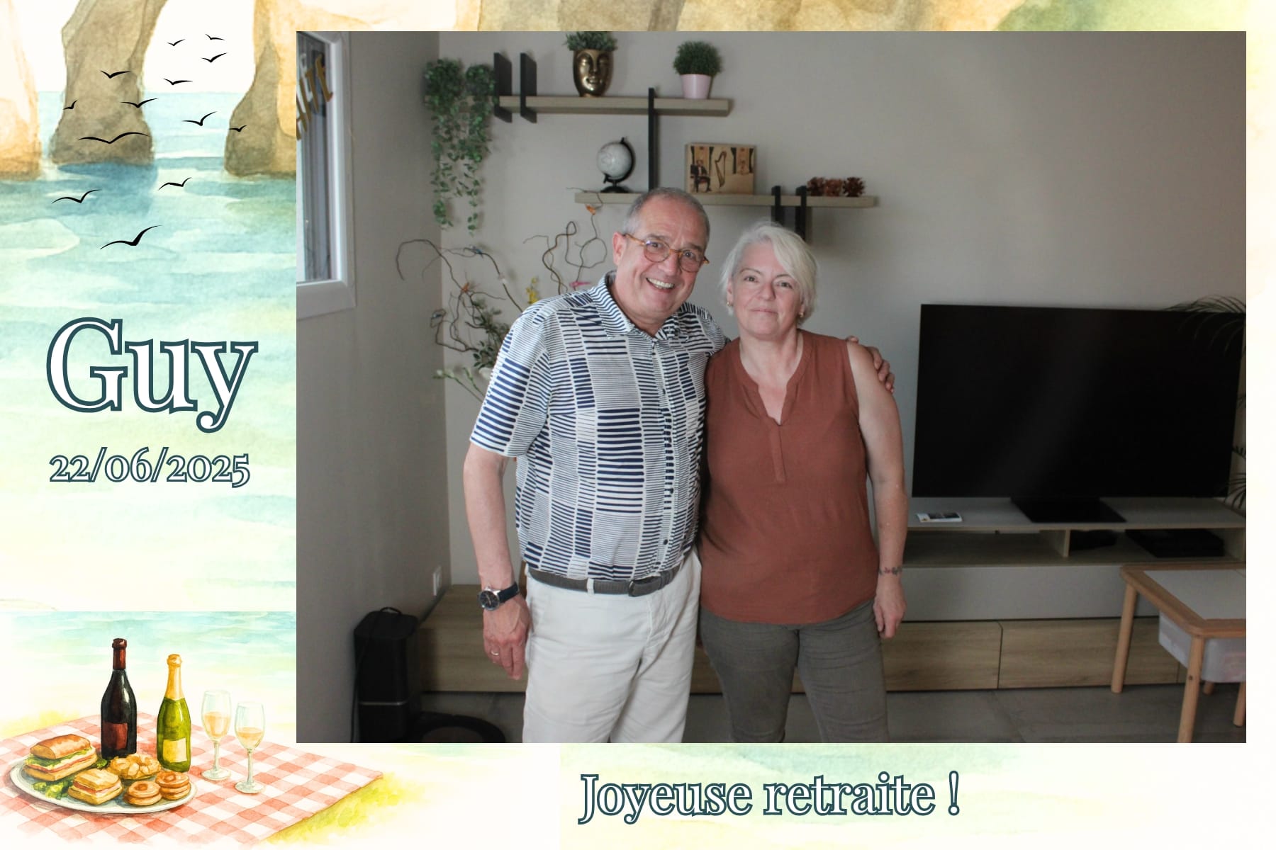 Guy et Estelle, la loueuse du photobooth, posent ensemble lors de la fête de départ à la retraite à Yutz, ambiance conviviale et souvenirs personnalisés grâce au forfait 200 impressions.